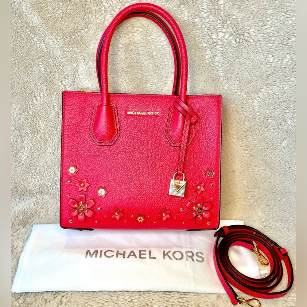 NWOT Michael Kors Deep Pink Mercer Embellished Leather 2-Way Bag - Picture 2 of 13